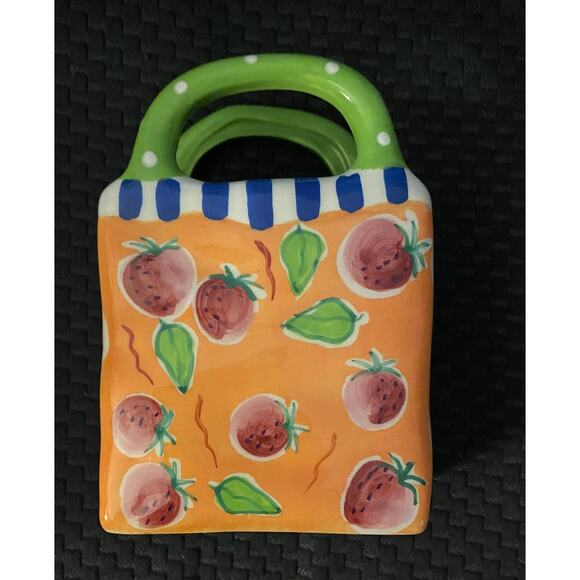 Vintage Hand Painted Bella Casa by Ganz Ceramic Bag with Handles Vase Pen Holder - Picture 6 of 8